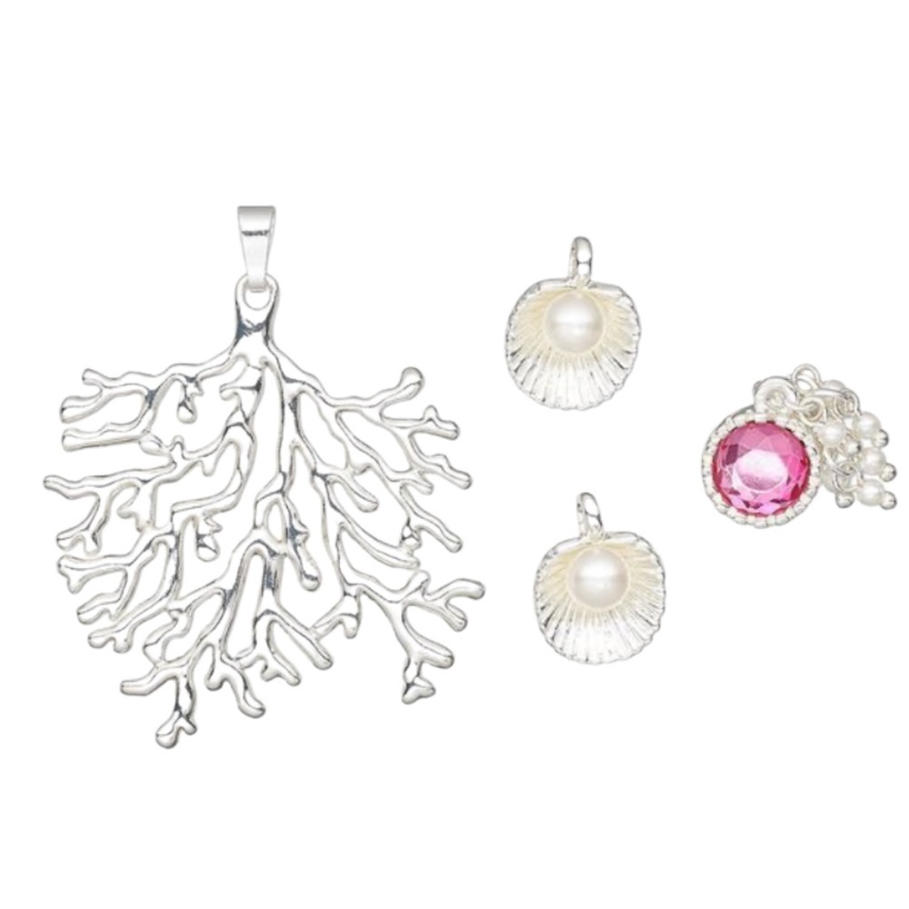 Silver-Tone Shell & Coral Pendants Set – 4 Pieces – Jewellery Supplies